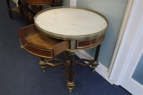 A Louis XVI style brass mounted mahogany bouillotte table, in the manner Adam Weisweiler, W.2ft 4in.